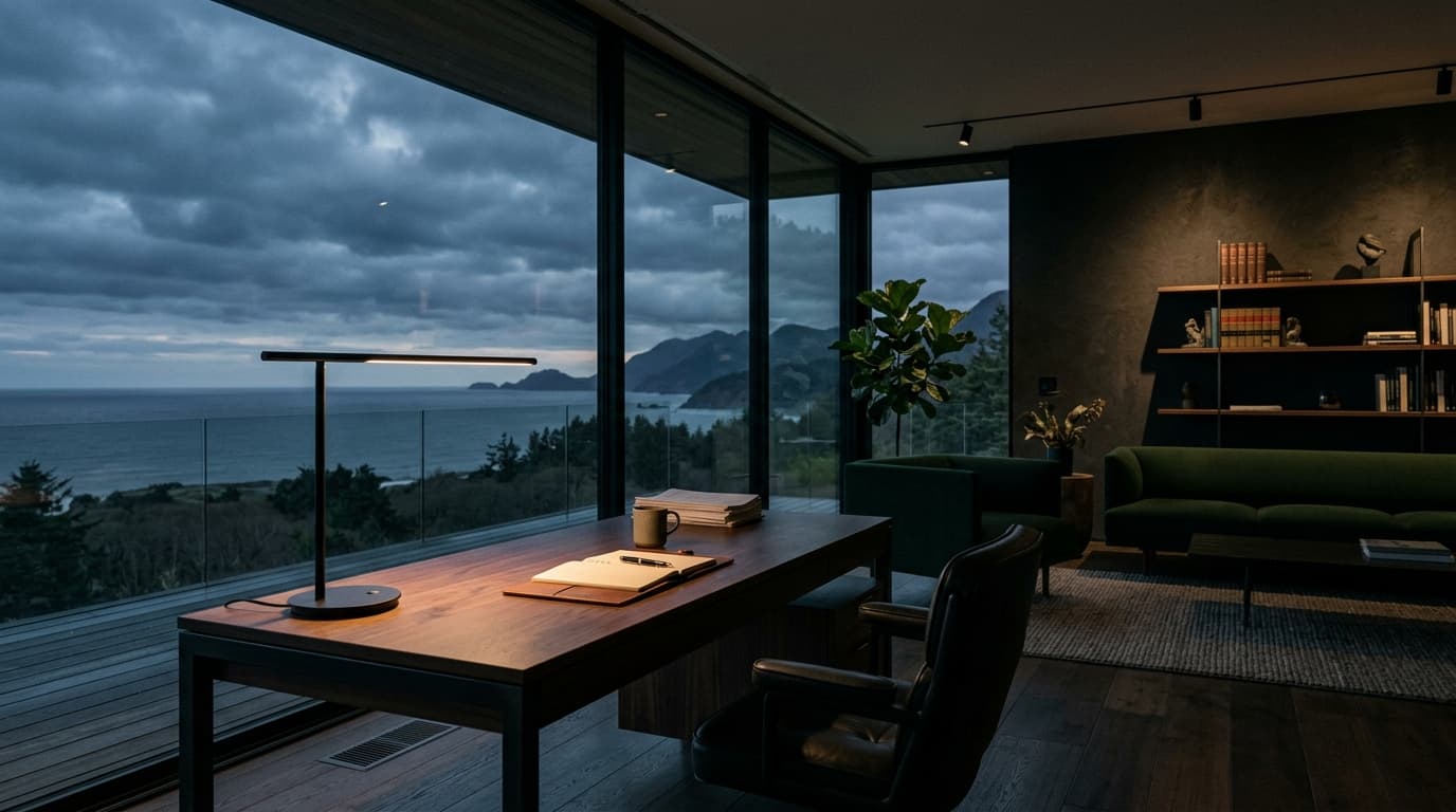Downey office study overlooking twilight clouds